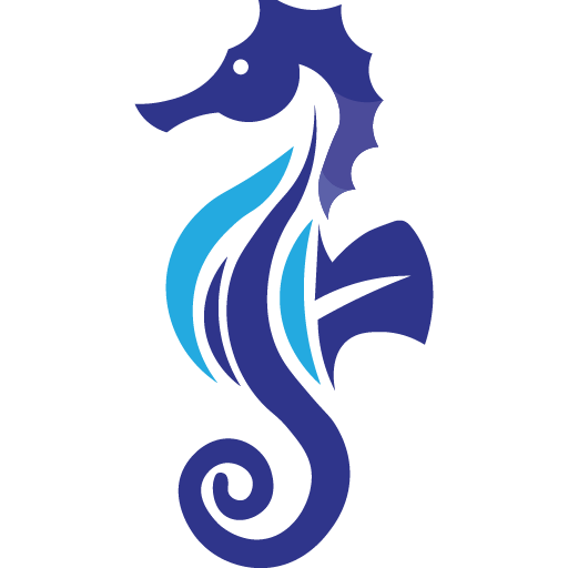 Seepferdchen in Blautönen als Logo der Schwimmschule Graf